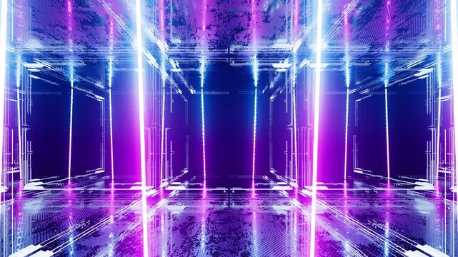 Abstract led tubes rotate in a neon room on a seamless loop.