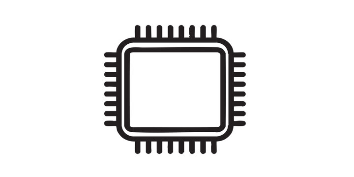 CPU vector icon, black design, minimal outline style, simple computer processor and technology symbol, isolated on transparent background