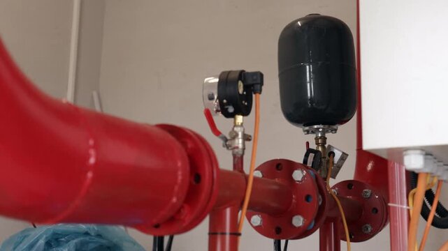 Expansion tank, Pressure gauge, Mechanical room. Close-up view expansion tank, gauge, and red industrial piping, likely part fire suppression or plumbing system.