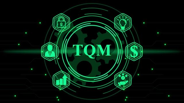 TQM acronym in a digital network with business icons