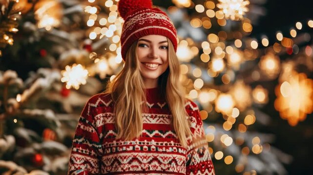 Smiling woman in red and white Christmas sweater with pom-pom hat, surrounded by brightly lit Christmas decorations including string lights on trees. Warm festive atmosphere.