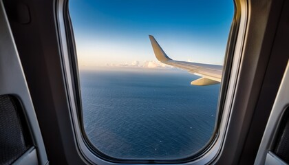 Naklejka premium a view through the cargo door of an airplane showcasing the sea and sky in flight