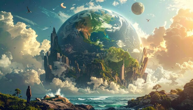 A solitary figure gazes upon a colossal, floating Earth tethered to a mythical, cloud-wreathed landscape during a vibrant sunset.