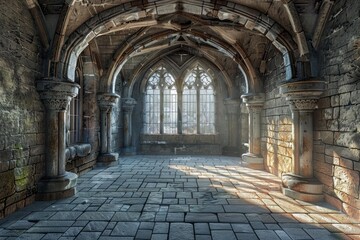 Naklejka premium Sunbeams illuminating the interior of an old stone chamber through a large gothic window, creating a mystical atmosphere