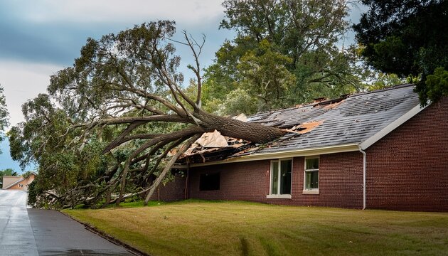 a large tree falls on a house roof causing considerable damage after a strong storm