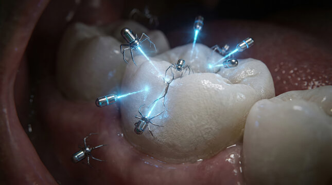 Nanobots repairing human tooth with laser. Futuristic dentistry concept. Advanced technology in oral care for repair and treatment of dental health.