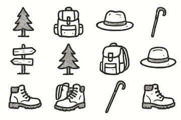 Gear vector walking icons calm sketch hiking forest trail boots hat stick