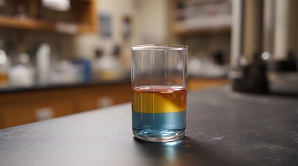 Three immiscible liquids are layered in a glass beaker on a laboratory bench showcasing scientific stratification