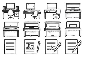 Paper desk piano music art sketch icon composition modern vector handdrawn pen