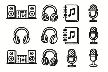 Set creative mic setup notebook sound headphones collection music vector icon handdrawn