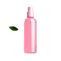 A pink spray bottle and a green leaf are shown against a solid black background