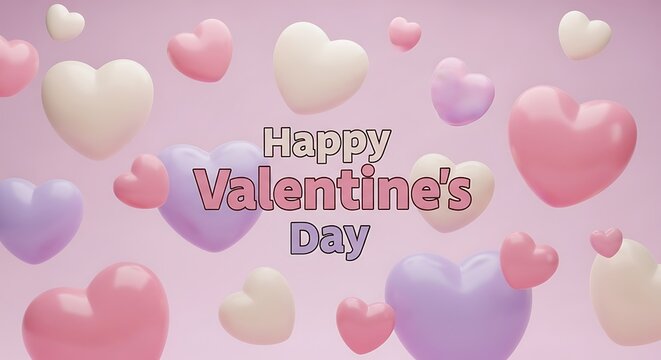 Happy Valentine's Day with colorful hearts on pink background