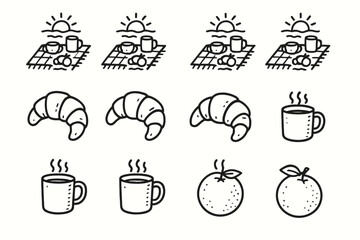 Breakfast croissant picnic rough set icon mug orange vector early morning