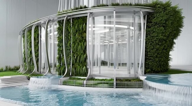 Contemporary curved architecture green wall facade and reflecting pool waterfall