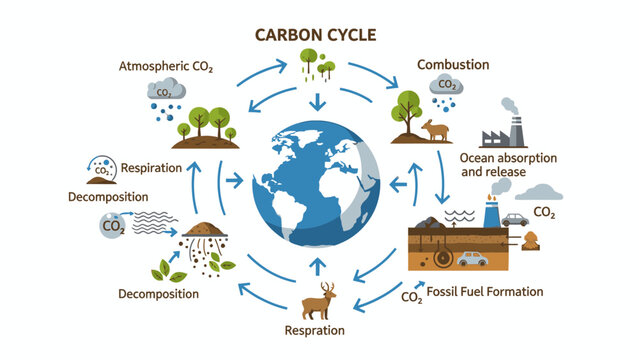 Infographic illustration of the carbon cycle process with arrows and icons on a white background.
