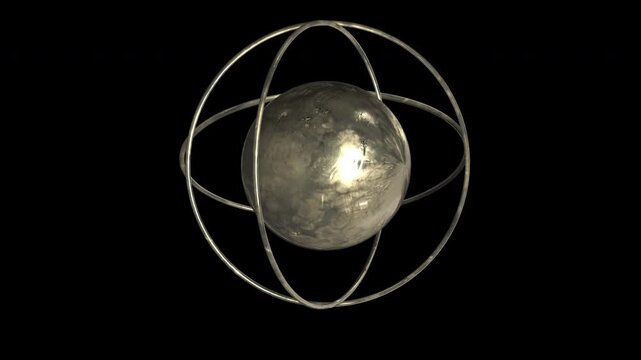 Golden armillary sphere orbiting a central planet