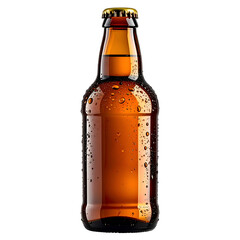 A single brown beer bottle, glistening with condensation against a black backdrop