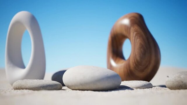 Abstract toroidal objects dissolving white and polished wood texture on desert ground