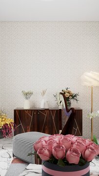 Modern Luxury Hallway Interior Design with Dark Wood Furniture and Floral Decorations