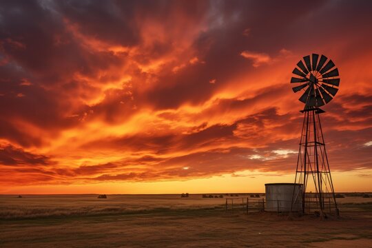 Windmill silhouette on a rural field with a dramatic orange and red sunset sky