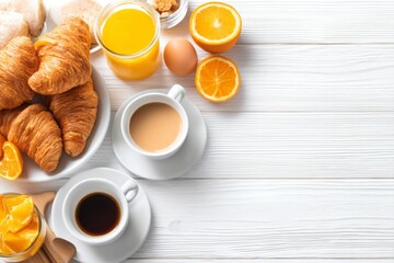 Fresh Breakfast Spread with Croissants and Beverages