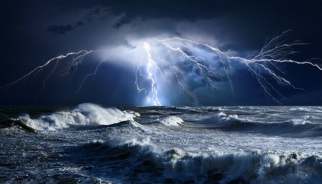 dark ocean storm with lightning and waves at night