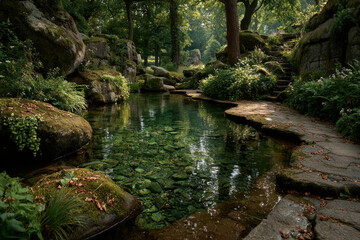 Naklejka premium A tranquil forest landscape with a crystal-clear stream flowing among moss-covered rocks and lush greenery. 