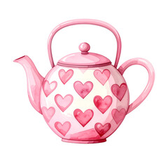 Pink Teapot of Hearts: A charming and romantic watercolor illustration features a pink teapot adorned with heart shapes, perfect for celebrating love. 