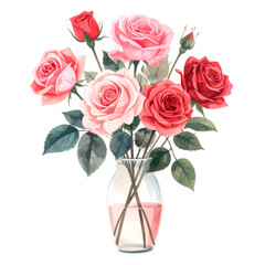 Rose Bouquet in Vase: A beautiful bouquet of roses in full bloom, arranged gracefully within a clear vase. The delicate petals of each rose in the bunch.