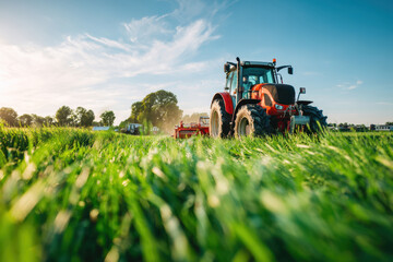 Tractor working in a green field
