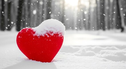 Red heart covered in snow on snowy ground with trees in background winter cold love