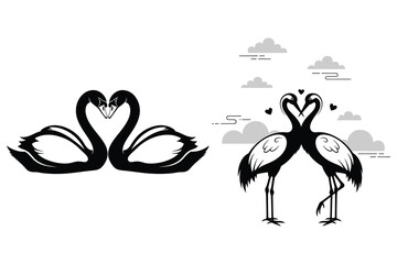 Fototapeta premium Two pairs of black birds forming heart shapes with clouds and hearts in a graphic style swan swans
