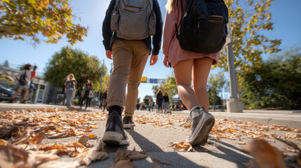 People walking on autumn sidewalk