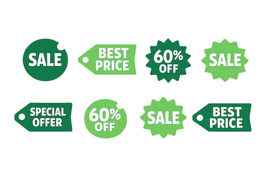 Green sale and discount tags with special offers and prices