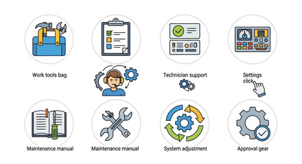 Fototapeta premium Technical support and engineering assistance icons, illustrating mechanical processes and