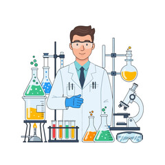 Scientist with Laboratory Equipment, Chemistry Research, Flasks, Microscope, Science Experiment