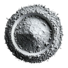 A detailed, high-angle view of a grainy, circular form with a ring-shaped recess and fine substance within