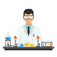 Scientist in Lab Coat with Bunsen Burners and Test Tubes - Science Experiment