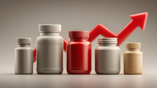 Generic pharmaceutical bottles with rising arrow symbolizing increasing medicine prices, healthcare inflation and pharmaceutical cost concept
