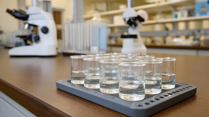 A laboratory setting featuring multiple beakers filled with clear liquid on a tray alongside scientific instruments like microscopes