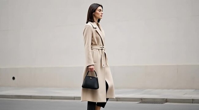 Professional woman walking sidewalk wearing light beige trench coat