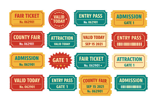 Colorful variety of admission tickets for county fair and attraction gates