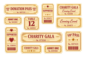 Set of vintage charity gala and event tickets with unique numbers and designs