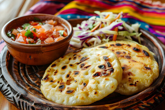 Authentic Salvadoran pupusas served with curtido and tomato salsa on a rustic plate