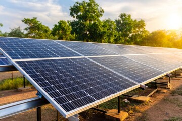 Solar Panels in Rural Setting with Sunset Glow