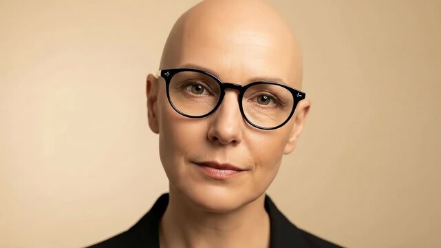 Expressive head tilt and eye contact of bald woman with glasses in formal attire