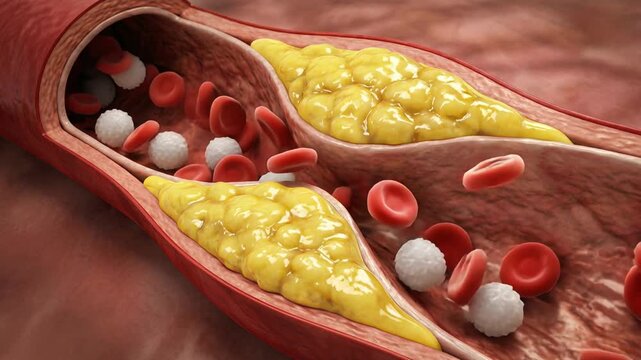 Clogged Artery with Cholesterol Plaque Buildup, Atherosclerosis and Restricted Blood Flow Animation