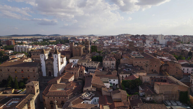 Aerial View of Caceres Cityscape with San Francisco Javier Church, Spain