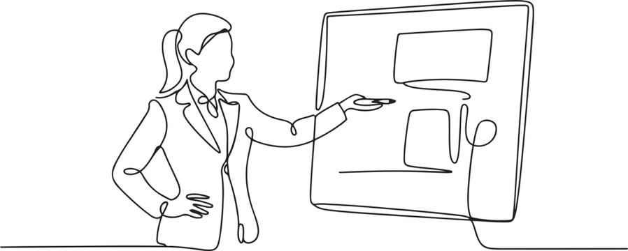 businesswoman doing presentation with whiteboard in continuous one line drawing. one line Art icon drawing vector
