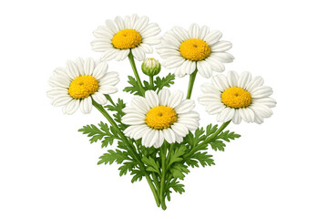 Obraz premium Chamomile daisy flowers bouquet illustration with fresh green leaves and a bud, transparent background
